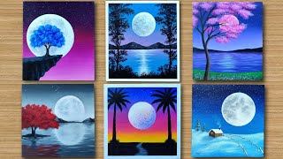 Full Moon  6 Easy Moonlight scenery painting for Beginners  Acrylic Painting [upl. by Yecaw]