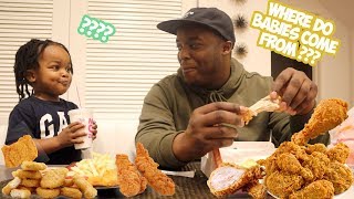 FRIED CHICKEN MUKBANG W 3 YEAR OLD    i asked my son where do babies come from [upl. by Lazar]