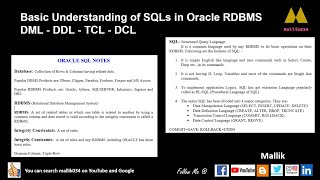 Basic Understanding of SQLs in Oracle RDBMS  DML  DDL  TCL  DCL [upl. by Anivek]