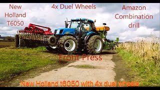 NEW HOLLAND T6050 DRILLING WINTER WHEAT WITH ALL 4 DUEL WHEELS [upl. by Enyalahs66]