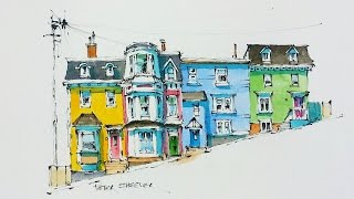 Line and Wash Watercolor Tutorial of Colorful Row Houses in St Johns Newfoundland Peter Sheeler [upl. by Kenelm]