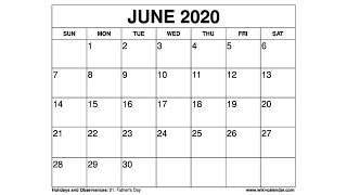 Free Printable June 2020 Calendar Wiki Calendar Com [upl. by Epuladaugairam219]