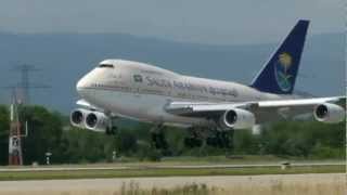 Saudi Arabian Boeing 747SP landing amp takeoff at Geneva Airport [upl. by Fanya994]