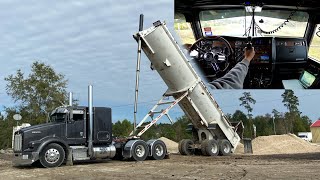 Hauling fine sand with the end dump Cockpit view grabbin gears [upl. by Nrev]