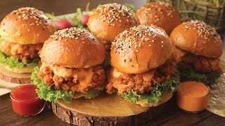 Juicy Zinger Burger with Homemade Burger Buns 😍 Recipe By Chef Hafsa [upl. by Nitsirhc]