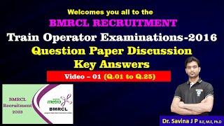 BMRCL Train Operator QP 2016 Q1  Q25  V01  Complete Coaching  Train Operator  TTT Academy [upl. by Siletotsira]