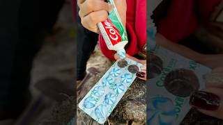 Single mom show cleaning teeth to save toothpaste in forest camping bushcraft outdoor forest [upl. by Llenyl]