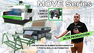 Cortadora CO2 Automática con mesa conveyor porta rollo y doble tubo MOVE Series │ FlexMax Laser [upl. by Enaile]