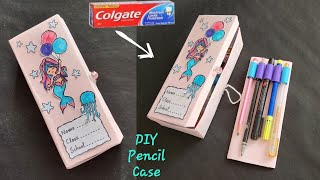 How to make Pencil Case with Toothpaste Box  Empty Colgate Box Craft idea  DIY School Pencil Case [upl. by Neb680]