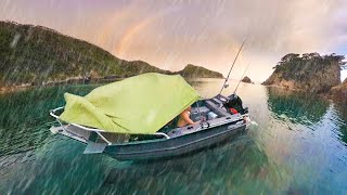 24hr Solo Boat Camping in Rain  Fishing for Food [upl. by Atteuqaj848]