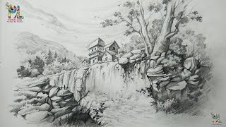 How To Draw A Landscape With Waterfall With PENCIL  Pencil Art [upl. by Arakawa]