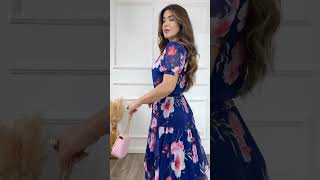 VESTIDO LONGO TULE ESTAMPADO COM BABADO NA SAIA E PUNHOS NAS MANGAS [upl. by Amilah]