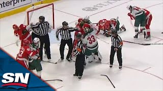 Chaos Ensues As Full Line Brawl Breaks Out Between Red Wings And Wild [upl. by Saphra]