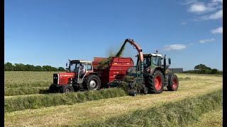 Cumbrian Silage 2023 Fendt reverse drive 820 Renault MF 390T 5711 amp twin Massey team at the pit [upl. by Ganiats]