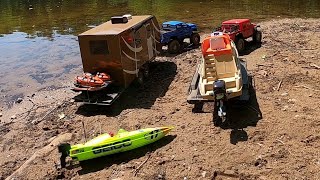 Rc boat LAUNCHSEADOORACING BOATCAMPER TRAILER TRX4SCX 10ADVENTURE [upl. by Oiceladni]