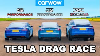 Model S vs 3 vs X  Tesla Performance DRAG RACE ROLLING RACE amp BRAKE TEST [upl. by Hoeve]