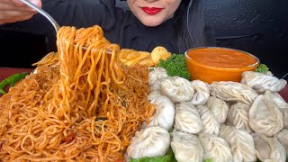 ASMR EATING SPICY NOODLESCHICKEN MOMOVEG MOMOLAYS CHIPS FOODVIDEOS [upl. by Elisabet701]