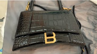 UNBOXING BALENCIAGA HOURGLASS XS HANDBAG CROCODILE EMBOSSED IN BLACK [upl. by Christiansen]