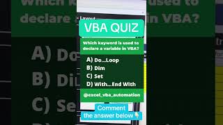 VBA Quiz Keyword to use to declare a variable in VBA shortsvideo [upl. by Garrett]