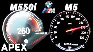 2017 BMW M550i G30 vs M5 F10  Acceleration Sound 0100 0200 kmh  APEX [upl. by Arakahs]