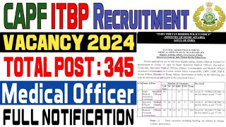 CAPF ITBP Medical Officer Vacancy 2024  Full Notification [upl. by Decrem]