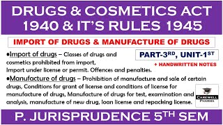 Import of drugs  Manufacture of drugs  Part3 Unit1  Drug amp Cosmetic Act  P Jurisprudence [upl. by Greabe]