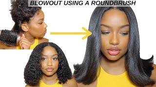 BLOWOUT ON NATURAL HAIR  CURLY TO STRAIGHT HAIR TUTORIAL USING A ROUND BRUSH [upl. by Yllac465]