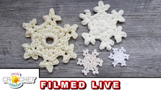 Snowflakes 1 Pattern 4 Yarns 4 Sizes  Live Crochet Along  November 13 2023 [upl. by Ahsiuqat550]