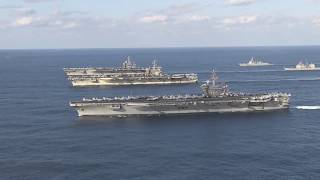 US Navy Three Carrier Formation in Western Pacific Ocean [upl. by Klarrisa]