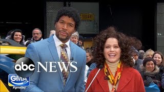 Michael Strahan and Sara Haines in full 70s attire for GMA Day game Street Smarts [upl. by Ten]