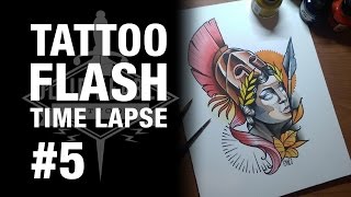 How to paint tattoo flash  Tattoo Flash Time lapse 5  Athena [upl. by Beichner]