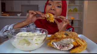 ASMR  FRIED CORNISH HEN ampCREAMY ONION SALAD  اكل فروجة مع سلطة بصل بالكريمة [upl. by Berky547]