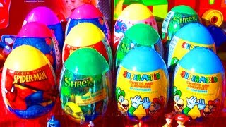 12 Surprise Eggs Super Mario Bros SpiderMan SHREK Littlest Pet Shop Peppa Pig Easter Egg Surprises [upl. by Kata]