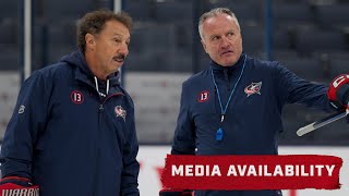 HC Dean Evason Kuraly Gudrbranson and Monahan on Guy Gaudreaus Practice Visit 💙❤️  Media Avail [upl. by Carrelli852]