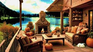 Cozy Lakeside Autumn Vibes With Fireplace On The Porch  Soft Piano Music  4K [upl. by Tomasine]