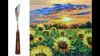 Challenge 21 Sunflower Field Landscape Oil Painting Textured Impasto Palette Knife on Canvas [upl. by Oyam42]