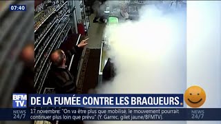 Contre ses braqueurs ce buraliste déclenche son générateur de brouillard pour les faire fuir [upl. by Hsetirp]