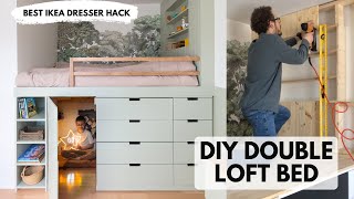 DIY Double Loft Bed with Hidden Hideout  Ikea Dresser Hack [upl. by Gerstner]