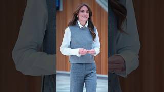 Kate sporting a grey sweater vest over a crisp white shirt paired w coordinating grey trousers [upl. by Emirak]