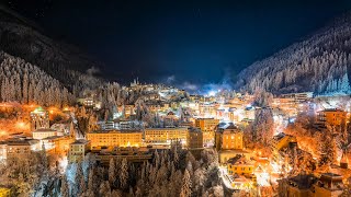 Night Drone shot of Bad Gastein covered in deep snow [upl. by Imelida]