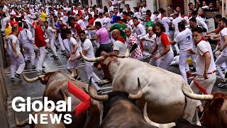 Spains Pamplona bull run returns in full force after 2year COVID hiatus [upl. by Auerbach]