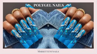 Blue nails with encapsulated leaves sculpted polygel 💙 collab with nailsbynelly29 [upl. by Merle797]