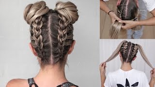 Space Buns  Double Bun  Upside down Dutch Braid into Messy Buns  DIY tutorial [upl. by Oribella]