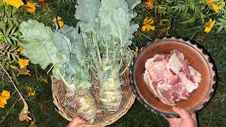 Kashmiri style mounj haakh te maaz recipe 😋 kashmiri collard greens with mutton👍 [upl. by Wolgast823]