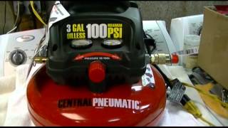 Harbor Freight  Central Pneumatic 3 Gallon Oilless Pancake Style Air Compressor Review [upl. by Mirielle]