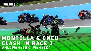 Montella and Oncu tangle at hectic Turn 1 in WorldSSP Race 2 💥  NLDWorldSBK 🇳🇱 [upl. by Elysha924]