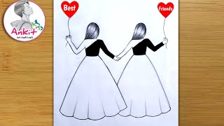 Best friend ❤pencil sketch  step by step very easyhow to draw friendship day drawing bff drawing [upl. by Irneh]