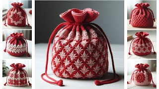 CROCHET DRAWSTRING BAG WITH RED COLOR COMBINATION  Crochet Ideas [upl. by Clausen]