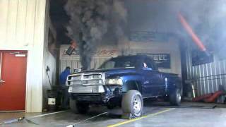 Diesel Truck Smoke Out with Backfire Cummins Black Smokes Thoroughbred Diesel Shop [upl. by Brodeur]