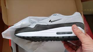 Unboxing Unpacking NIKE AIR MAX 1 PREMIUM JEWEL SC WOLF GREY MTLC PEWTER code 918354 004 [upl. by Adnima]